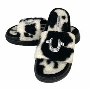 COPY - True Religion Lamia Fuzzy Slides Cow Print White Black